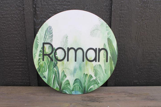 Custom Sign Round Nursery Little Boys Jungle Forest Theme Leaves Personalized Circle Wooden Handmade Printed and Raised Name Crib