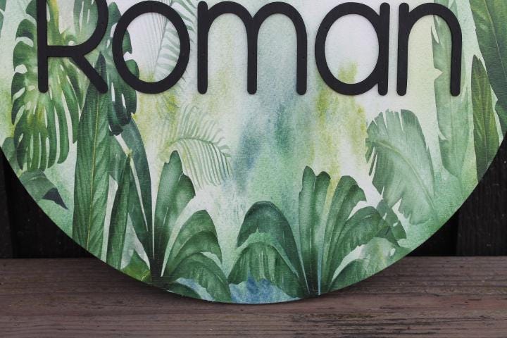 Custom Sign Round Nursery Little Boys Jungle Forest Theme Leaves Personalized Circle Wooden Handmade Printed and Raised Name Crib