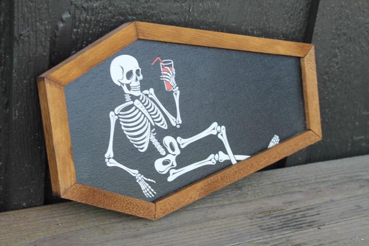 Skeleton in a Coffin Drinking Halloween Lounging Spooky Porch Prop Wooden Decor Fall Decoration Sign Haunted Grave Yard Theme Wall Hanging