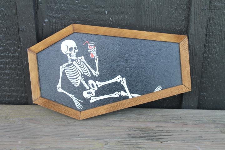 Skeleton in a Coffin Drinking Halloween Lounging Spooky Porch Prop Wooden Decor Fall Decoration Sign Haunted Grave Yard Theme Wall Hanging