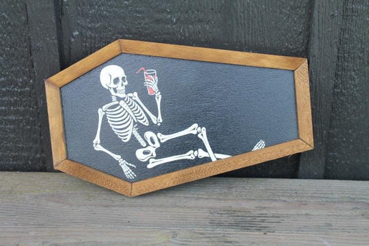 Skeleton in a Coffin Drinking Halloween Lounging Spooky Porch Prop Wooden Decor Fall Decoration Sign Haunted Grave Yard Theme Wall Hanging