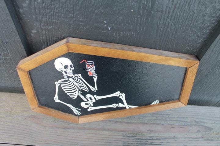 Skeleton in a Coffin Drinking Halloween Lounging Spooky Porch Prop Wooden Decor Fall Decoration Sign Haunted Grave Yard Theme Wall Hanging