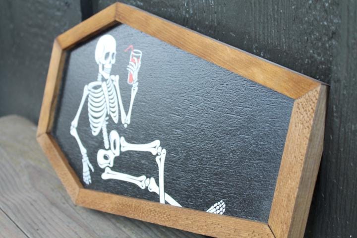 Skeleton in a Coffin Drinking Halloween Lounging Spooky Porch Prop Wooden Decor Fall Decoration Sign Haunted Grave Yard Theme Wall Hanging