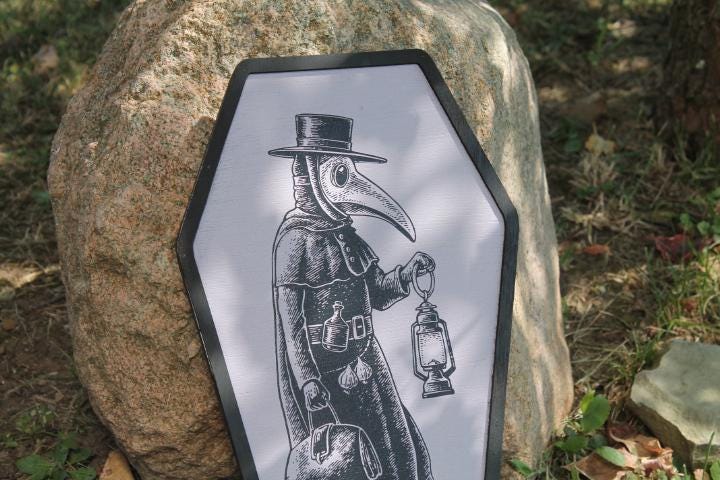 Plaque Doctor Mask in a Coffin Halloween Spooky Porch Prop Wooden Decor Fall Decoration Sign Haunted Grave Yard Theme Wall Hanging Medieval