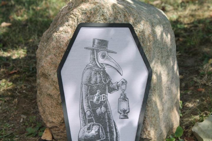 Plaque Doctor Mask in a Coffin Halloween Spooky Porch Prop Wooden Decor Fall Decoration Sign Haunted Grave Yard Theme Wall Hanging Medieval