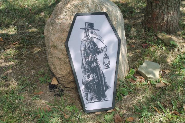 Plaque Doctor Mask in a Coffin Halloween Spooky Porch Prop Wooden Decor Fall Decoration Sign Haunted Grave Yard Theme Wall Hanging Medieval
