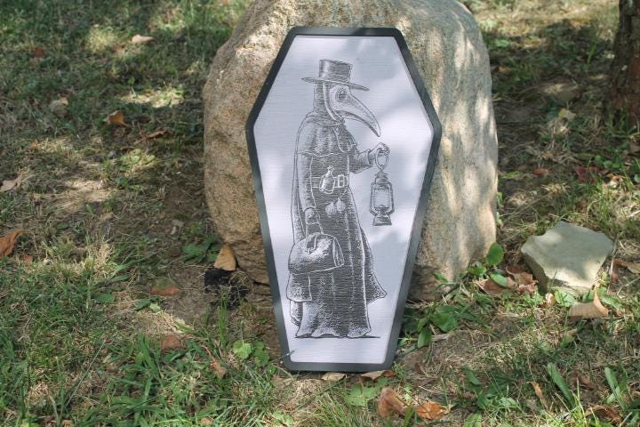 Plaque Doctor Mask in a Coffin Halloween Spooky Porch Prop Wooden Decor Fall Decoration Sign Haunted Grave Yard Theme Wall Hanging Medieval