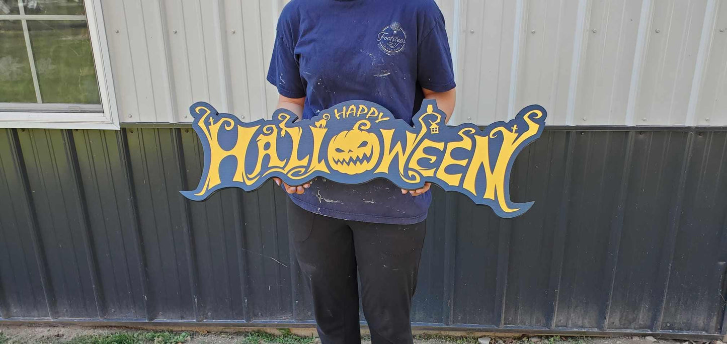 Plastic Halloween Sign Jack O Lantern Spooky Orange Black Prop Decor Fall Decoration Haunted Grave Yard Theme Large Porch Sitter PVC