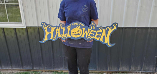 Plastic Halloween Sign Jack O Lantern Spooky Orange Black Prop Decor Fall Decoration Haunted Grave Yard Theme Large Porch Sitter PVC