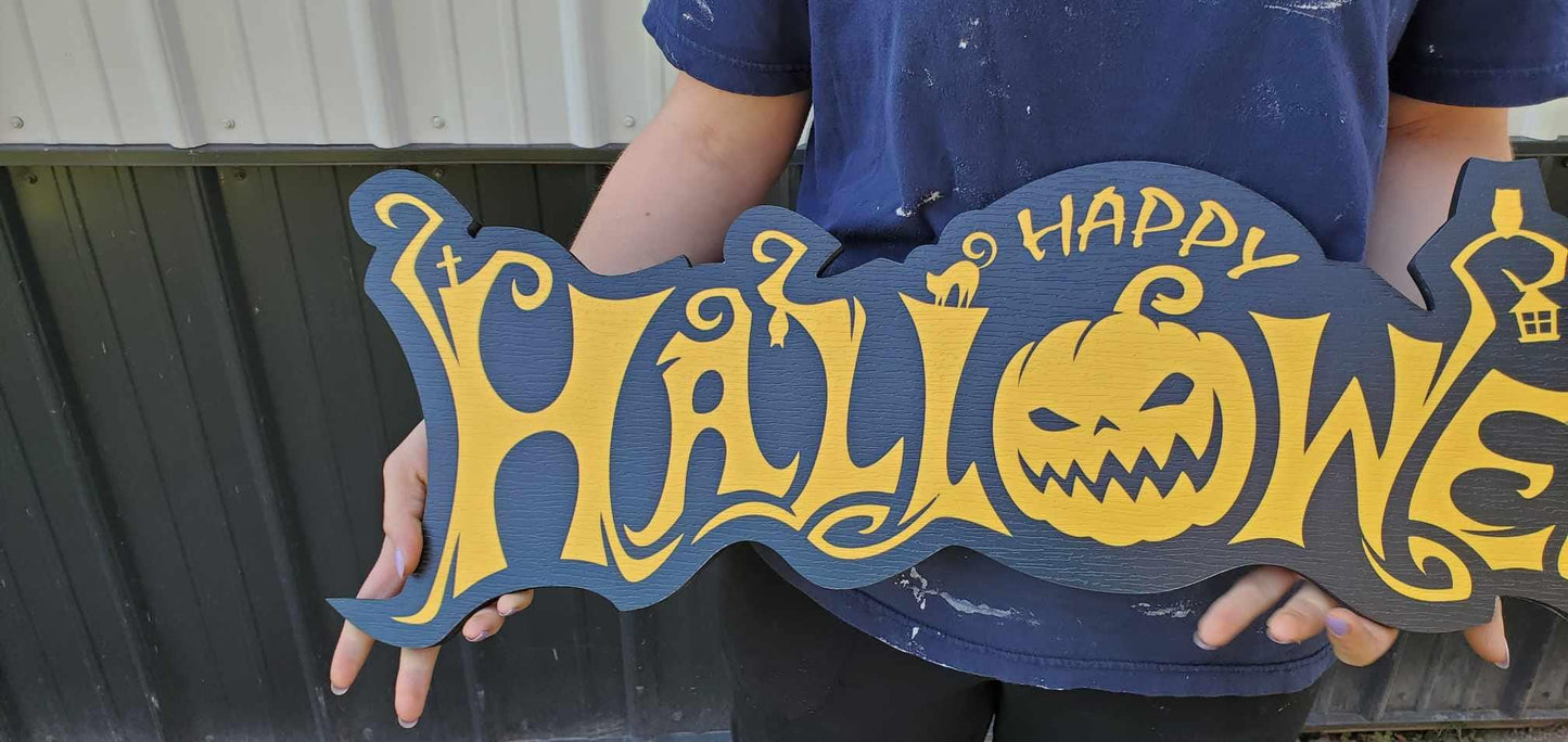 Plastic Halloween Sign Jack O Lantern Spooky Orange Black Prop Decor Fall Decoration Haunted Grave Yard Theme Large Porch Sitter PVC