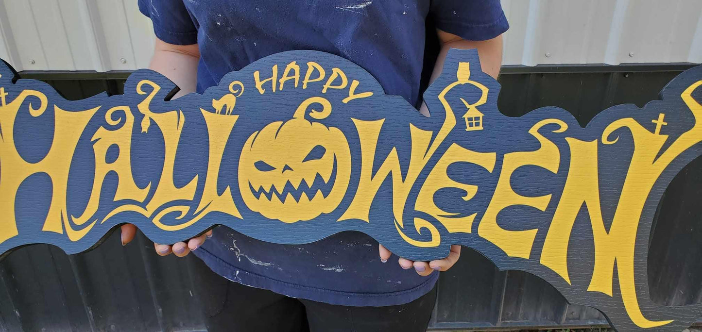 Plastic Halloween Sign Jack O Lantern Spooky Orange Black Prop Decor Fall Decoration Haunted Grave Yard Theme Large Porch Sitter PVC