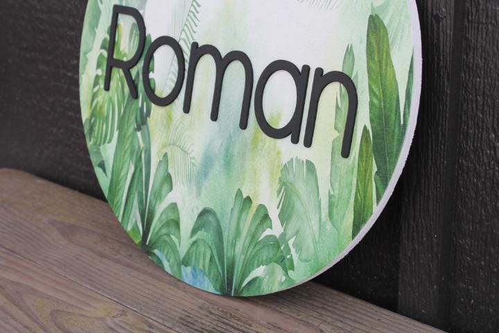 Custom Sign Round Nursery Little Boys Jungle Forest Theme Leaves Personalized Circle Wooden Handmade Printed and Raised Name Crib