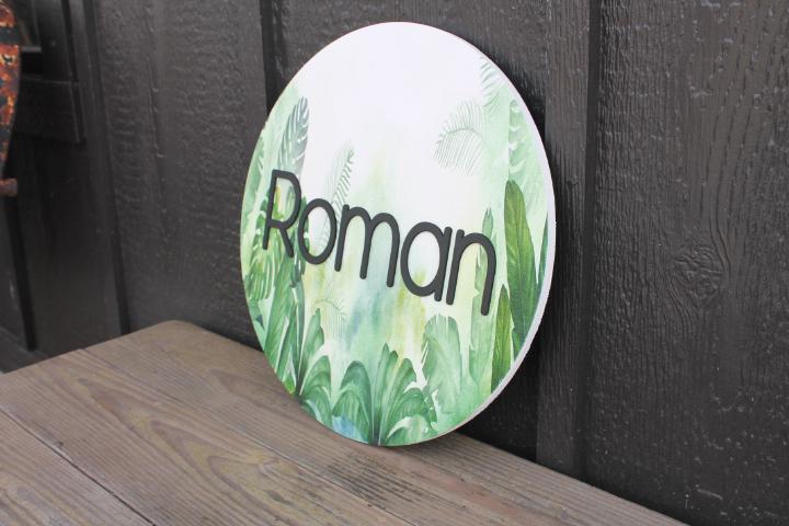 Custom Sign Round Nursery Little Boys Jungle Forest Theme Leaves Personalized Circle Wooden Handmade Printed and Raised Name Crib