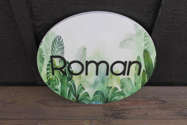 Custom Sign Round Nursery Little Boys Jungle Forest Theme Leaves Personalized Circle Wooden Handmade Printed and Raised Name Crib