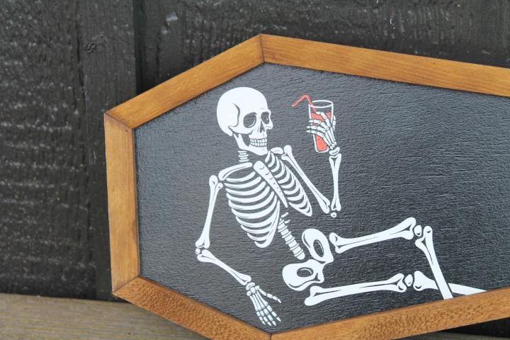 Skeleton in a Coffin Drinking Halloween Lounging Spooky Porch Prop Wooden Decor Fall Decoration Sign Haunted Grave Yard Theme Wall Hanging