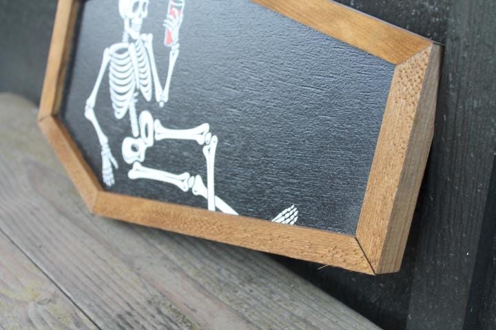 Skeleton in a Coffin Drinking Halloween Lounging Spooky Porch Prop Wooden Decor Fall Decoration Sign Haunted Grave Yard Theme Wall Hanging