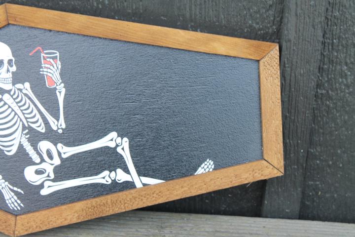 Skeleton in a Coffin Drinking Halloween Lounging Spooky Porch Prop Wooden Decor Fall Decoration Sign Haunted Grave Yard Theme Wall Hanging