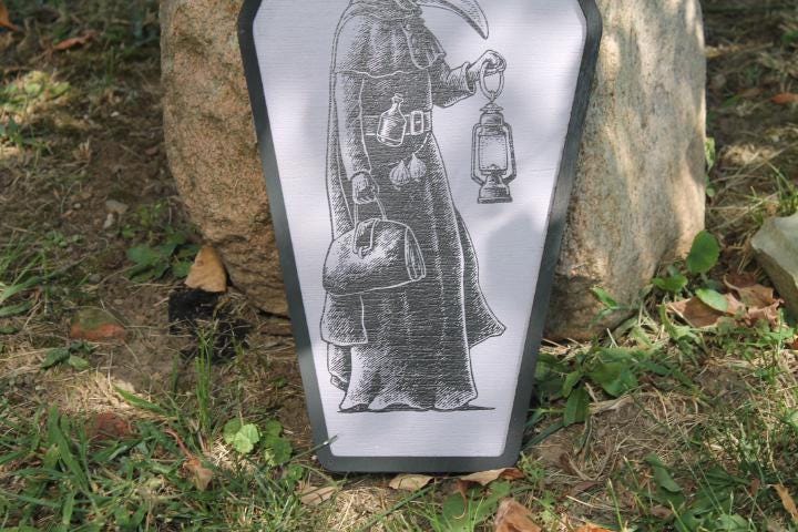 Plaque Doctor Mask in a Coffin Halloween Spooky Porch Prop Wooden Decor Fall Decoration Sign Haunted Grave Yard Theme Wall Hanging Medieval