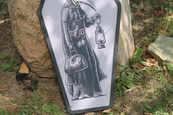 Plaque Doctor Mask in a Coffin Halloween Spooky Porch Prop Wooden Decor Fall Decoration Sign Haunted Grave Yard Theme Wall Hanging Medieval