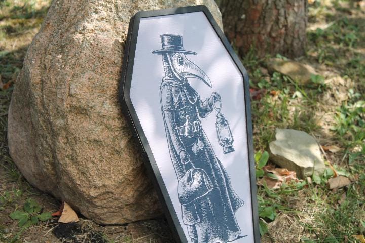 Plaque Doctor Mask in a Coffin Halloween Spooky Porch Prop Wooden Decor Fall Decoration Sign Haunted Grave Yard Theme Wall Hanging Medieval