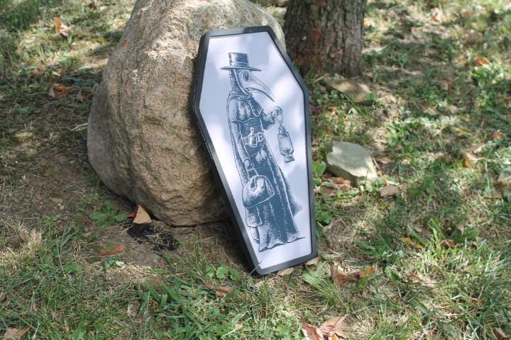 Plaque Doctor Mask in a Coffin Halloween Spooky Porch Prop Wooden Decor Fall Decoration Sign Haunted Grave Yard Theme Wall Hanging Medieval
