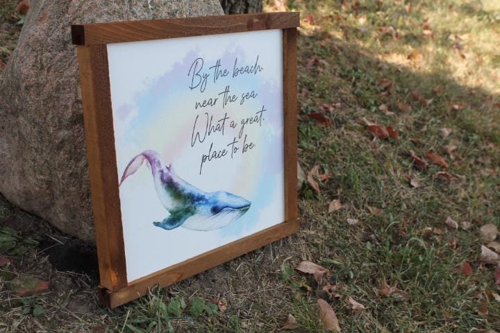 Watercolor Whale Beach Good place to be Sea Printed Handmade wall art Bathroom Tropical