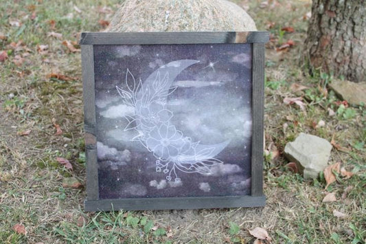 Moon Flower Laurel Cloud Night Cloudy Stormy Stars Printed Celestial Handmade Wall Art