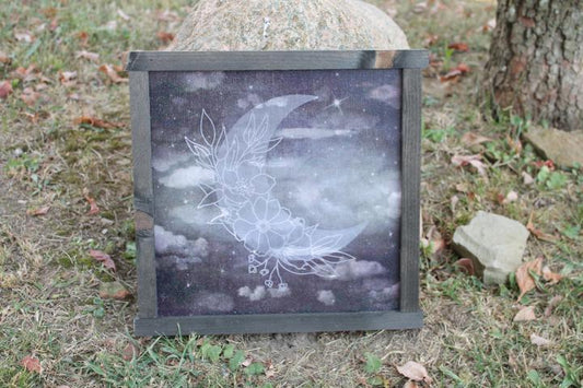 Moon Flower Laurel Cloud Night Cloudy Stormy Stars Printed Celestial Handmade Wall Art