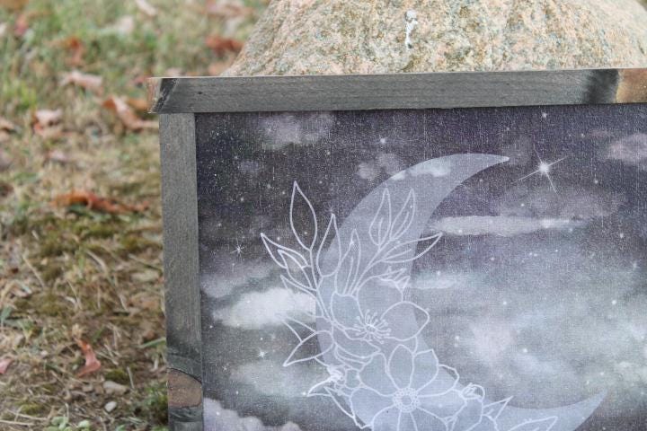 Moon Flower Laurel Cloud Night Cloudy Stormy Stars Printed Celestial Handmade Wall Art