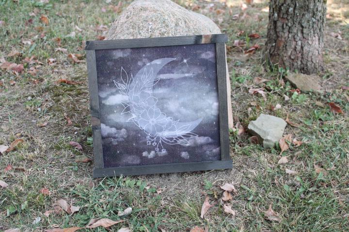 Moon Flower Laurel Cloud Night Cloudy Stormy Stars Printed Celestial Handmade Wall Art