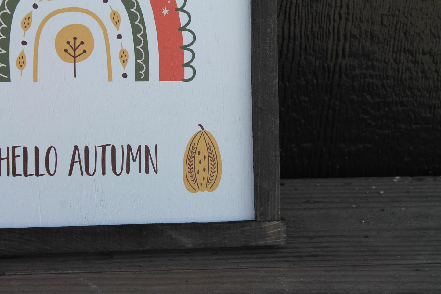 Hello Autumn Boho Rainbow Gourd Pumpkin Orange Fall Leaves Best time of the Year handmade wall art Cute Framed