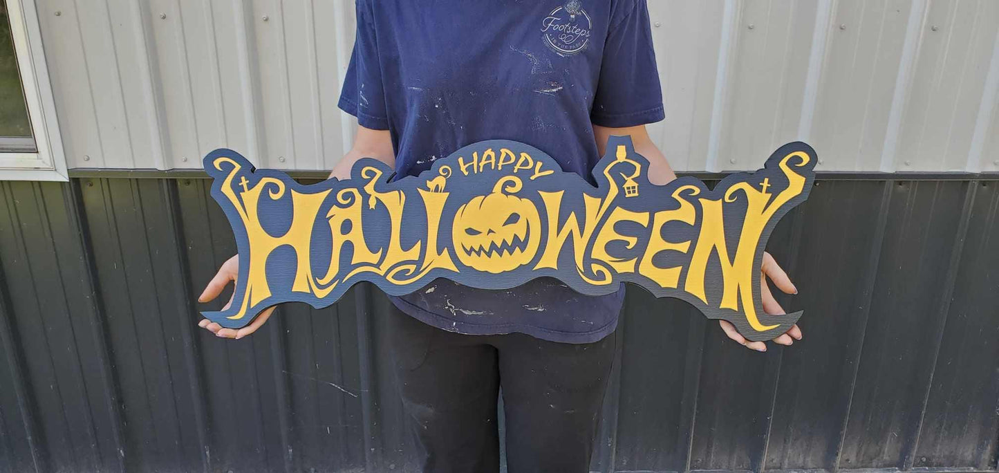 Plastic Halloween Sign Jack O Lantern Spooky Orange Black Prop Decor Fall Decoration Haunted Grave Yard Theme Large Porch Sitter PVC