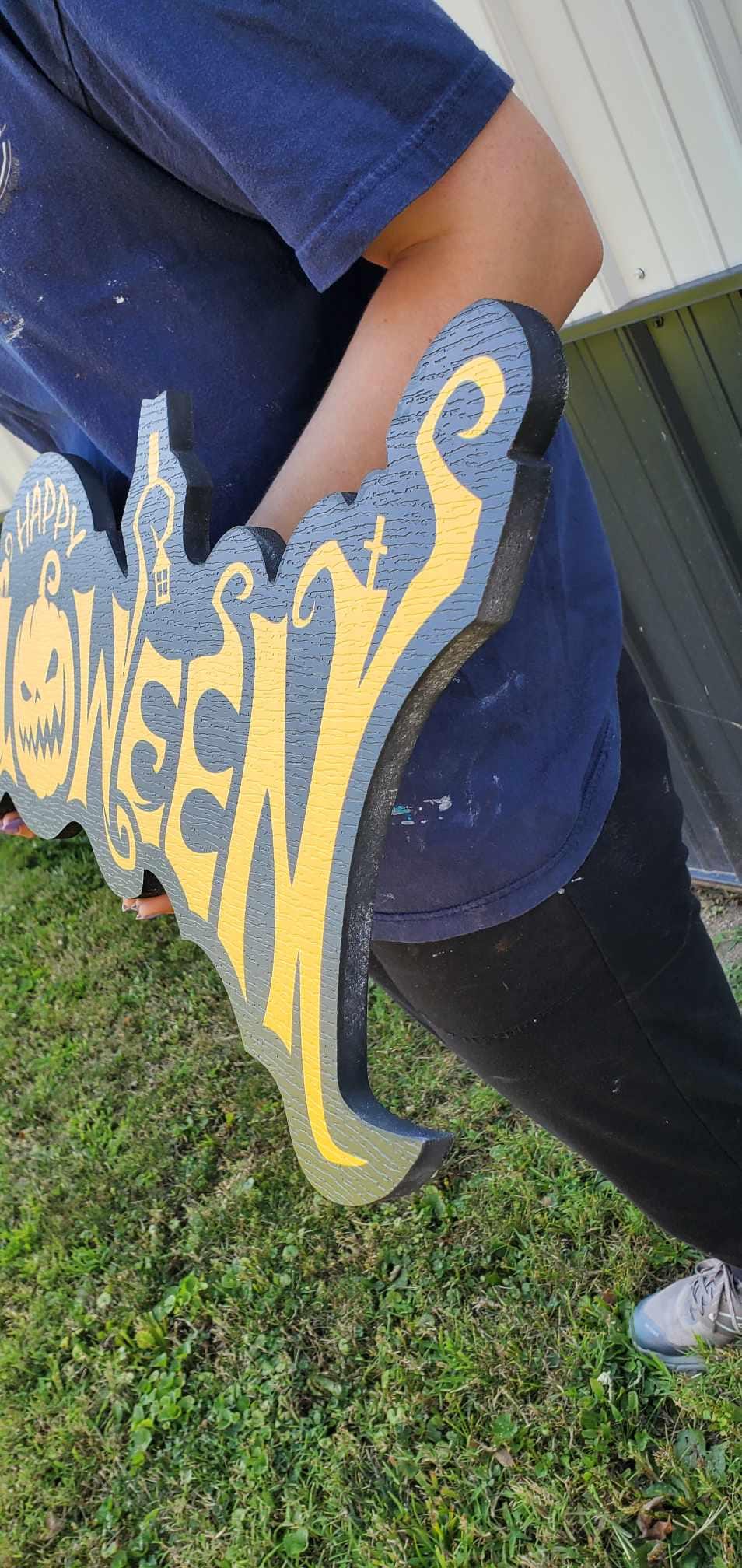 Plastic Halloween Sign Jack O Lantern Spooky Orange Black Prop Decor Fall Decoration Haunted Grave Yard Theme Large Porch Sitter PVC