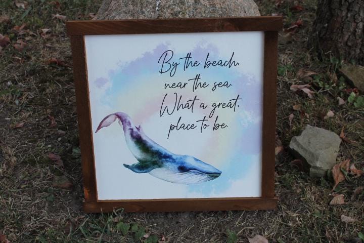 Watercolor Whale Beach Good place to be Sea Printed Handmade wall art Bathroom Tropical