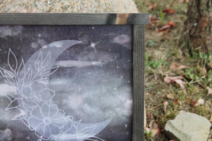 Moon Flower Laurel Cloud Night Cloudy Stormy Stars Printed Celestial Handmade Wall Art