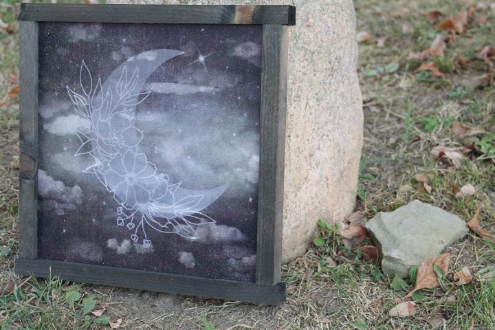 Moon Flower Laurel Cloud Night Cloudy Stormy Stars Printed Celestial Handmade Wall Art