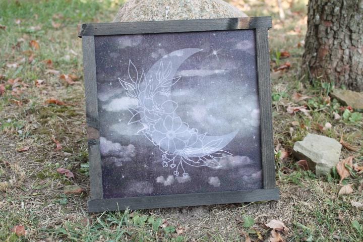 Moon Flower Laurel Cloud Night Cloudy Stormy Stars Printed Celestial Handmade Wall Art