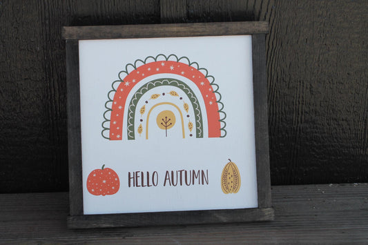 Hello Autumn Boho Rainbow Gourd Pumpkin Orange Fall Leaves Best time of the Year handmade wall art Cute Framed