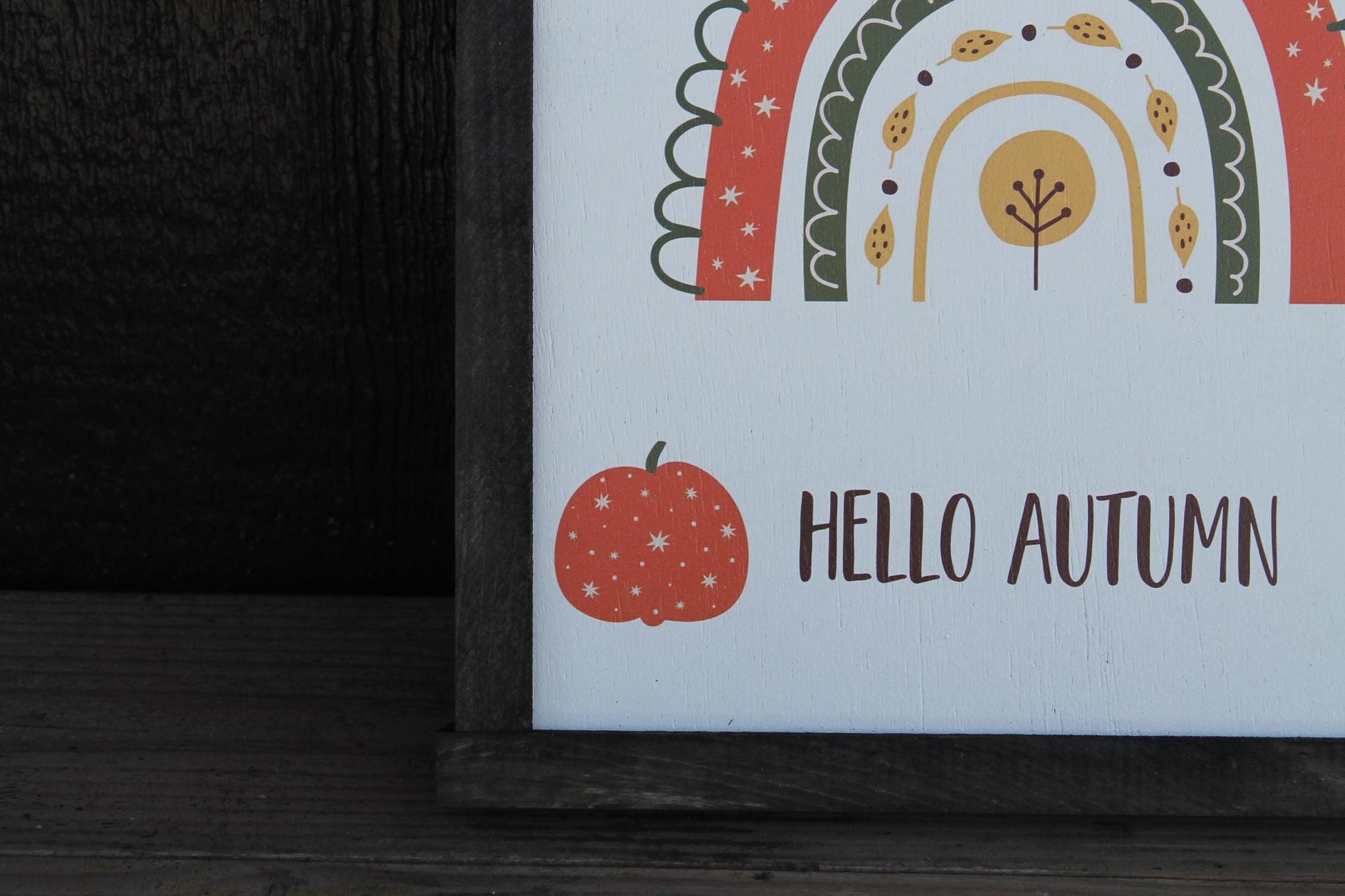 Hello Autumn Boho Rainbow Gourd Pumpkin Orange Fall Leaves Best time of the Year handmade wall art Cute Framed