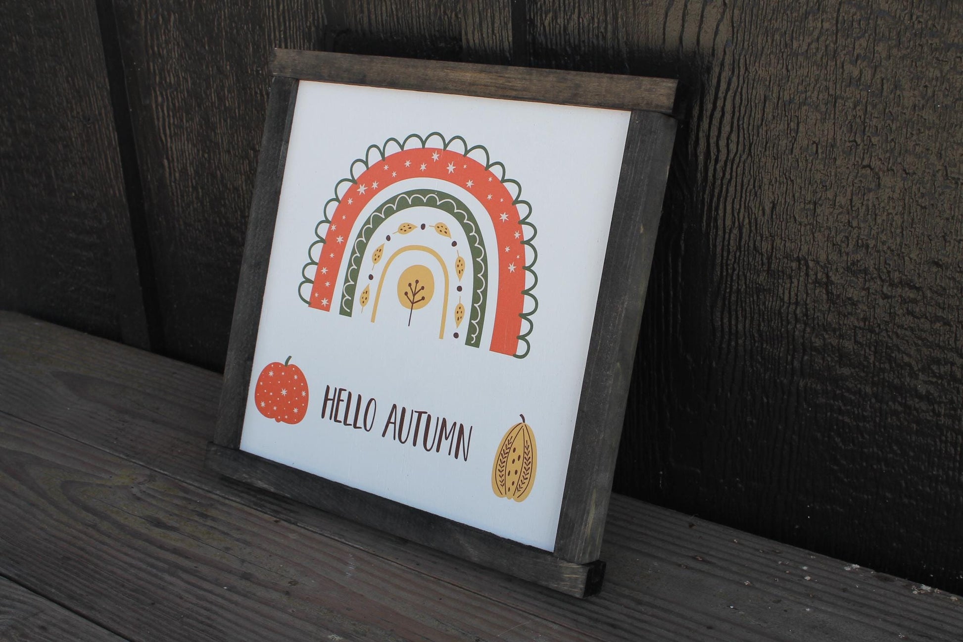 Hello Autumn Boho Rainbow Gourd Pumpkin Orange Fall Leaves Best time of the Year handmade wall art Cute Framed