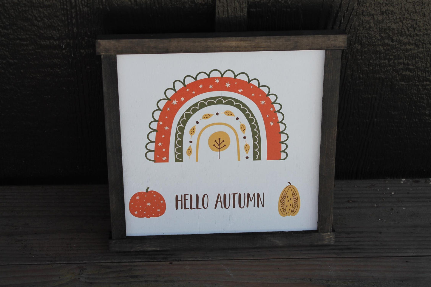 Hello Autumn Boho Rainbow Gourd Pumpkin Orange Fall Leaves Best time of the Year handmade wall art Cute Framed
