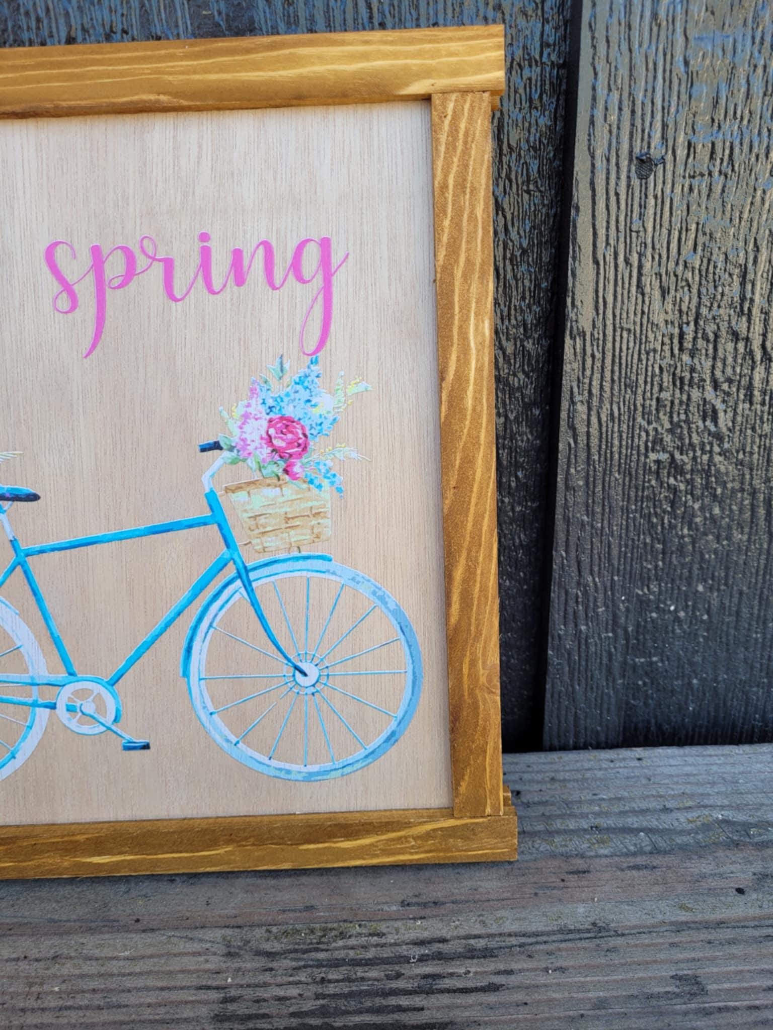 Happy Hello Spring Bike Flowers Colorful primitive farm decor Wall Art Bicycle Basket made from wood outdoor hang in garden flower