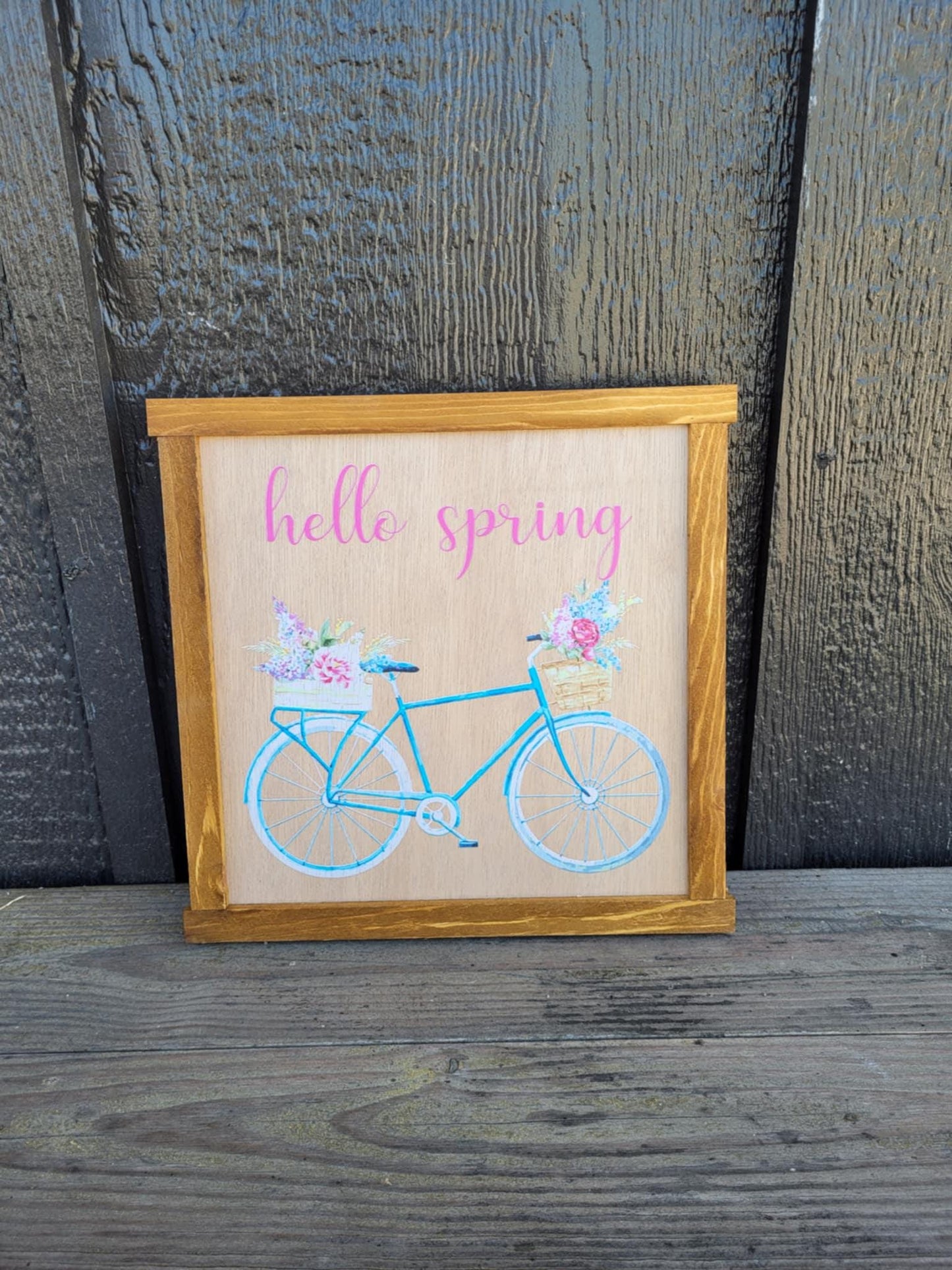 Happy Hello Spring Bike Flowers Colorful primitive farm decor Wall Art Bicycle Basket made from wood outdoor hang in garden flower