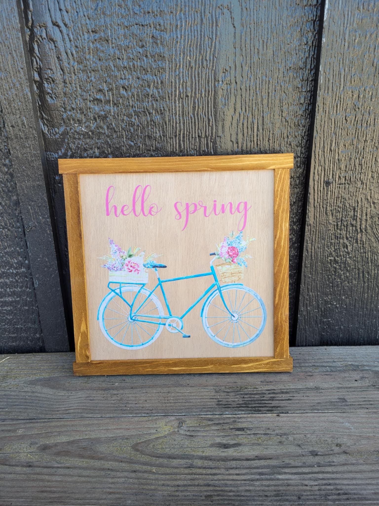 Happy Hello Spring Bike Flowers Colorful primitive farm decor Wall Art Bicycle Basket made from wood outdoor hang in garden flower