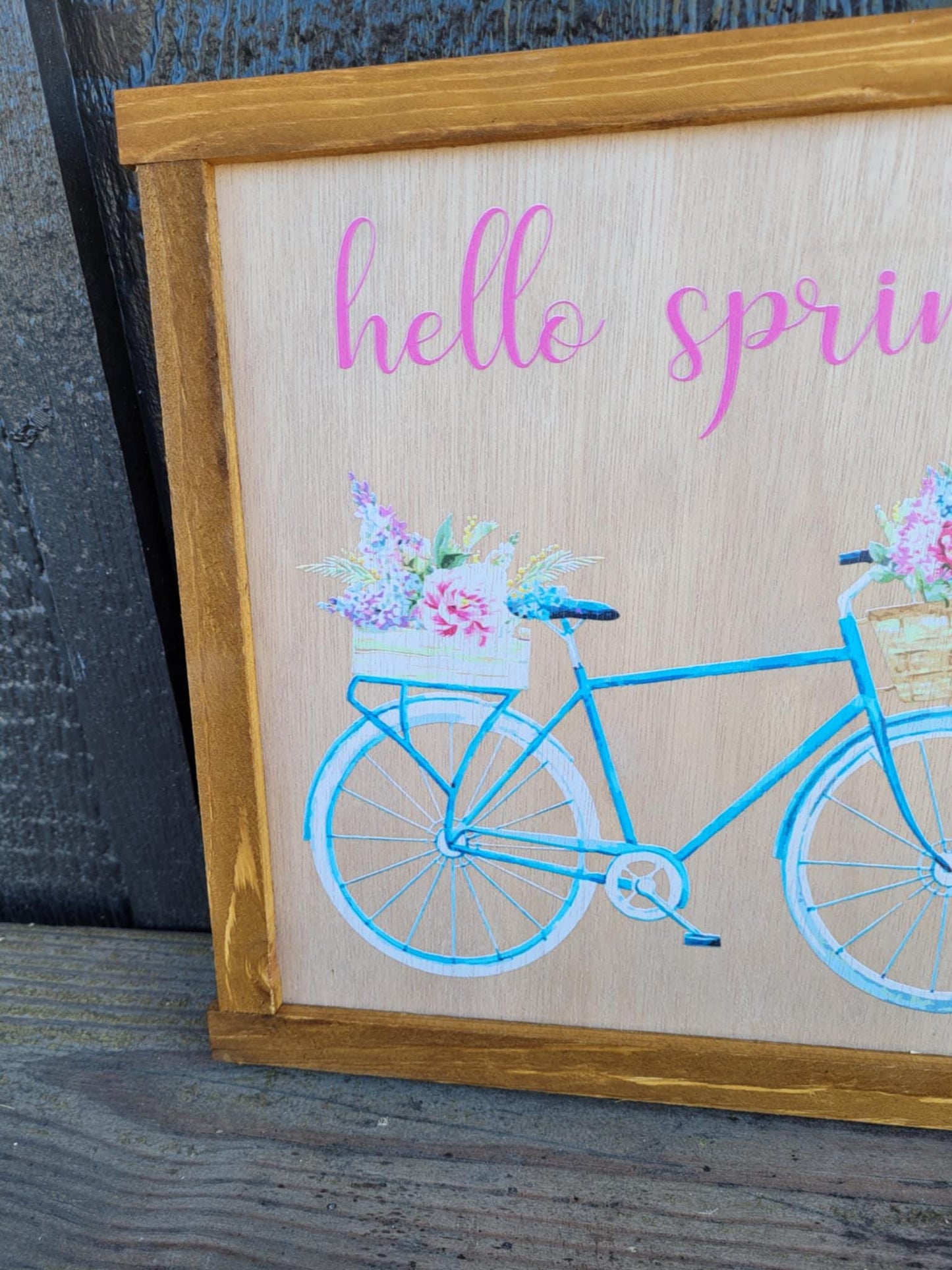 Happy Hello Spring Bike Flowers Colorful primitive farm decor Wall Art Bicycle Basket made from wood outdoor hang in garden flower