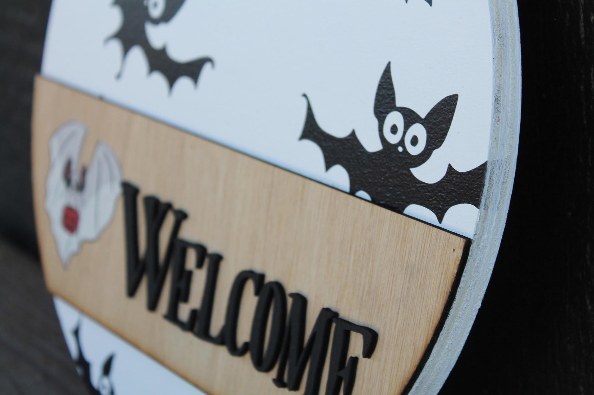 Welcome Ghost Door Hanger Bat Boo Halloween Fall Spooky Sign Round 3D Text Wall Art Decoration Wood Sign