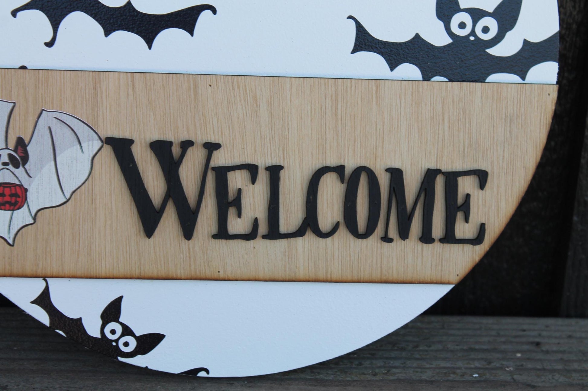 Welcome Ghost Door Hanger Bat Boo Halloween Fall Spooky Sign Round 3D Text Wall Art Decoration Wood Sign