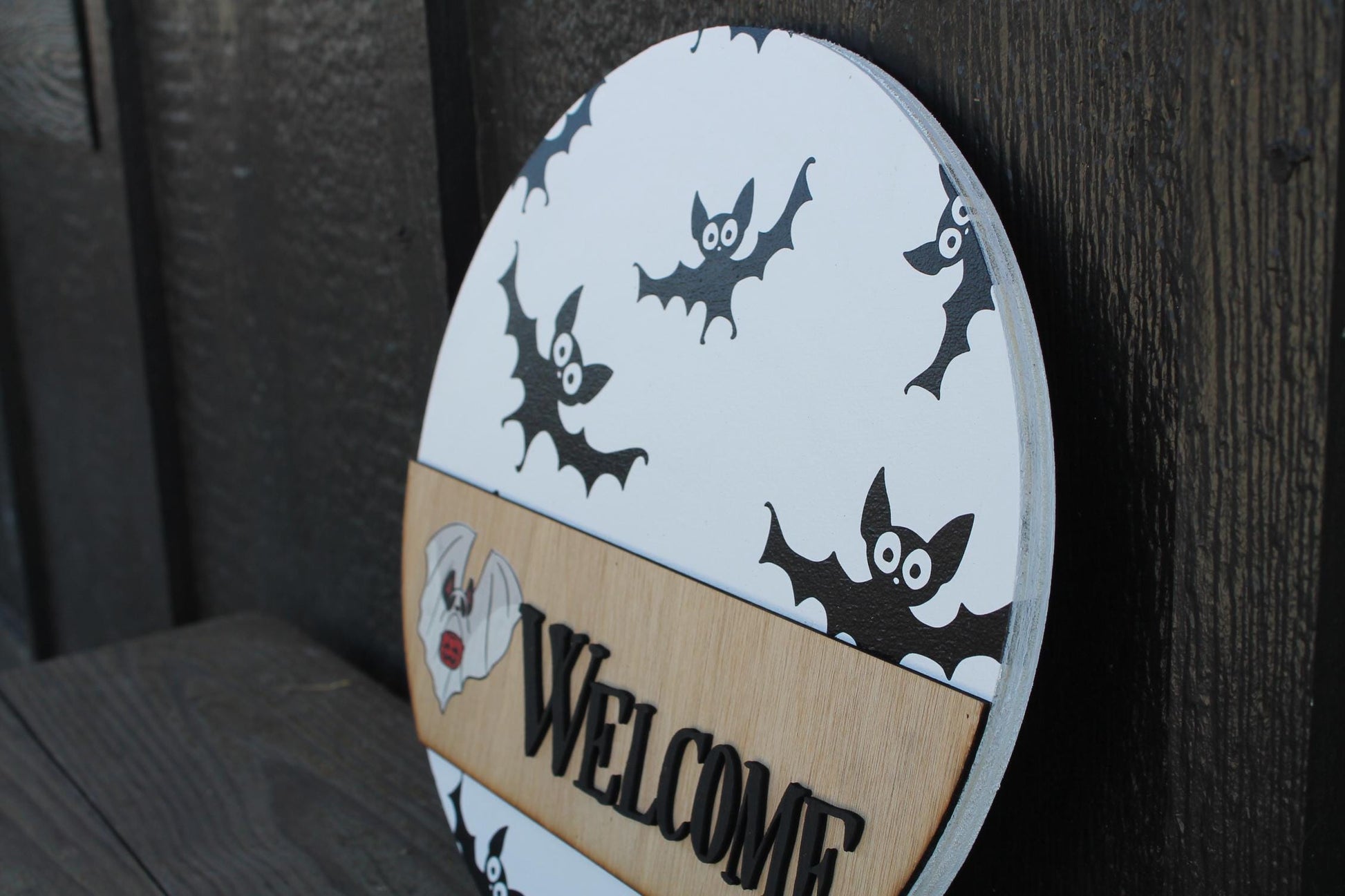 Welcome Ghost Door Hanger Bat Boo Halloween Fall Spooky Sign Round 3D Text Wall Art Decoration Wood Sign