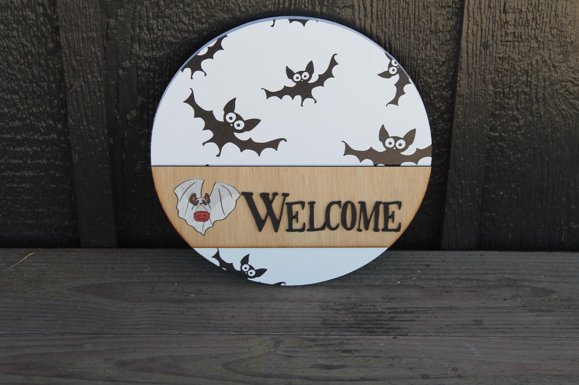 Welcome Ghost Door Hanger Bat Boo Halloween Fall Spooky Sign Round 3D Text Wall Art Decoration Wood Sign