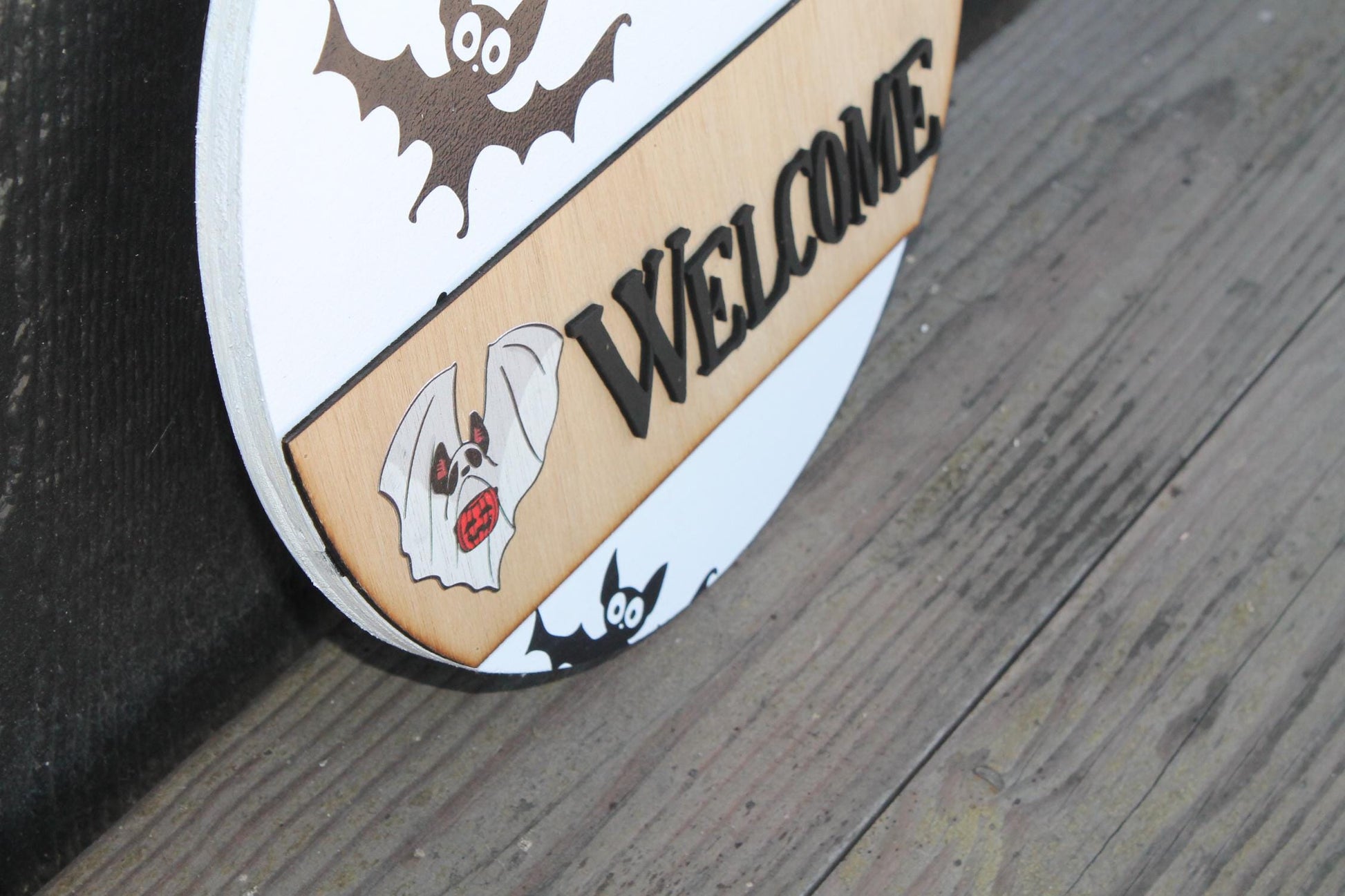 Welcome Ghost Door Hanger Bat Boo Halloween Fall Spooky Sign Round 3D Text Wall Art Decoration Wood Sign